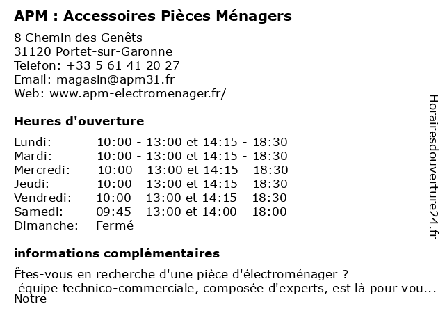 Horaires d ouverture APM Accessoires Pi ces M nagers 8